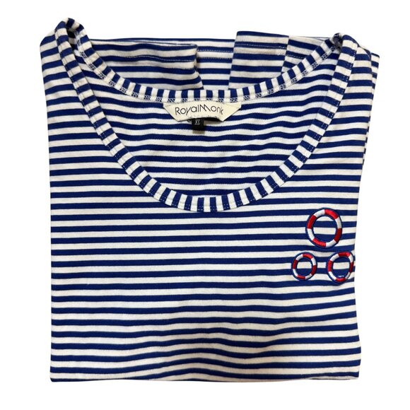 Royal Monk Vintage Blue & White Striped T-Shirt with Embroidered Life Preservers - Picture 2 of 8